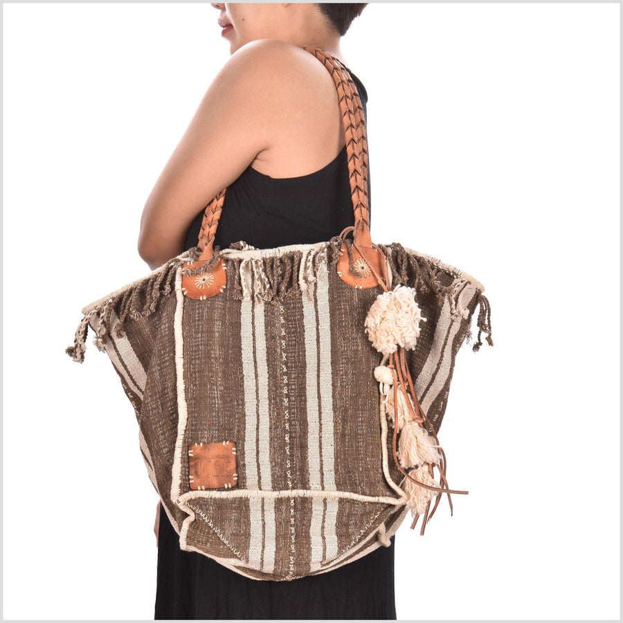 Brown striped summer handbag, ethnic boho style, natural dye soft cotton, leather handles, tribal hand stitching BG10