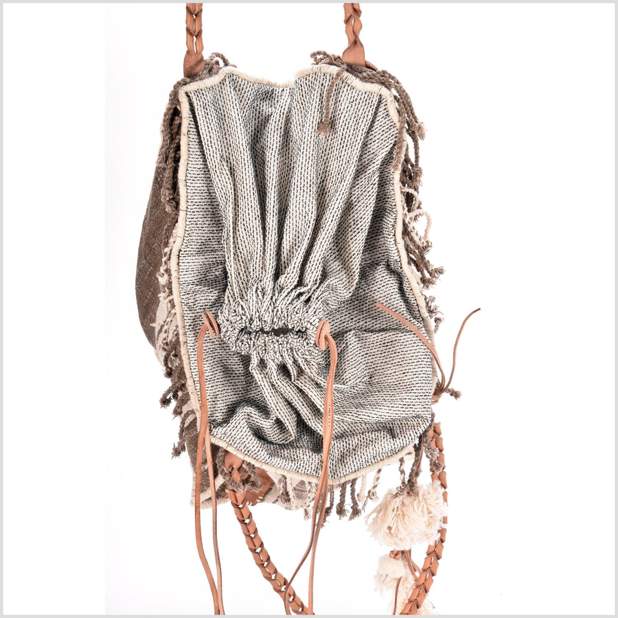 Brown striped summer handbag, ethnic boho style, natural dye soft cotton, leather handles, tribal hand stitching BG10