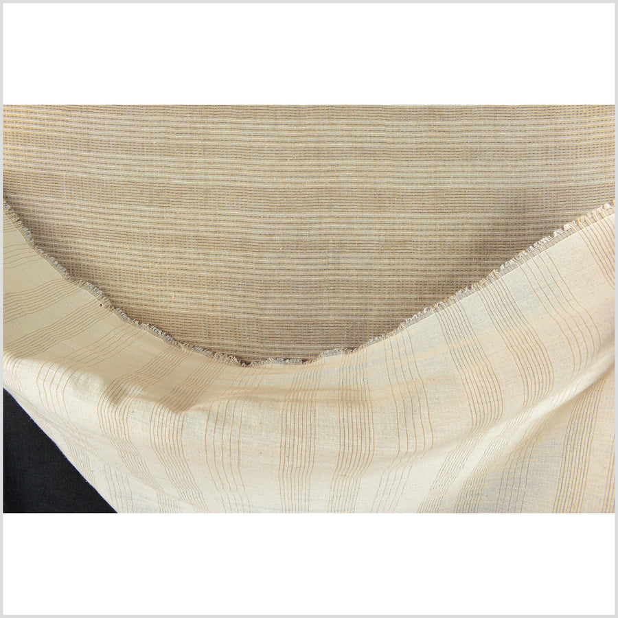 Brown tan cotton fabric with black and white woven pin stripes, quilted double ply, sold by the yard PHA178