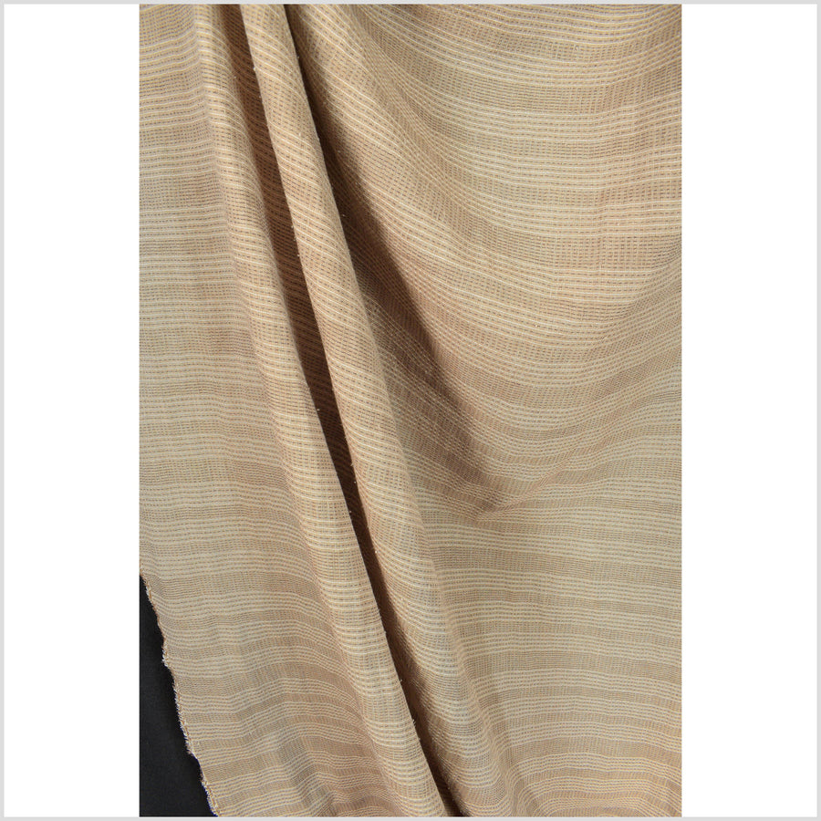 Brown tan cotton fabric with black and white woven pin stripes, quilted double ply, sold by the yard PHA178