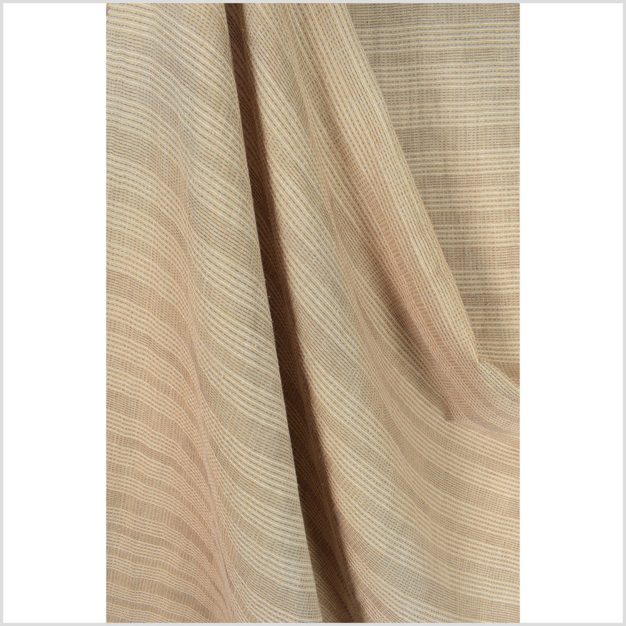 Brown tan cotton fabric with black and white woven pin stripes, quilted double ply, sold by the yard PHA178