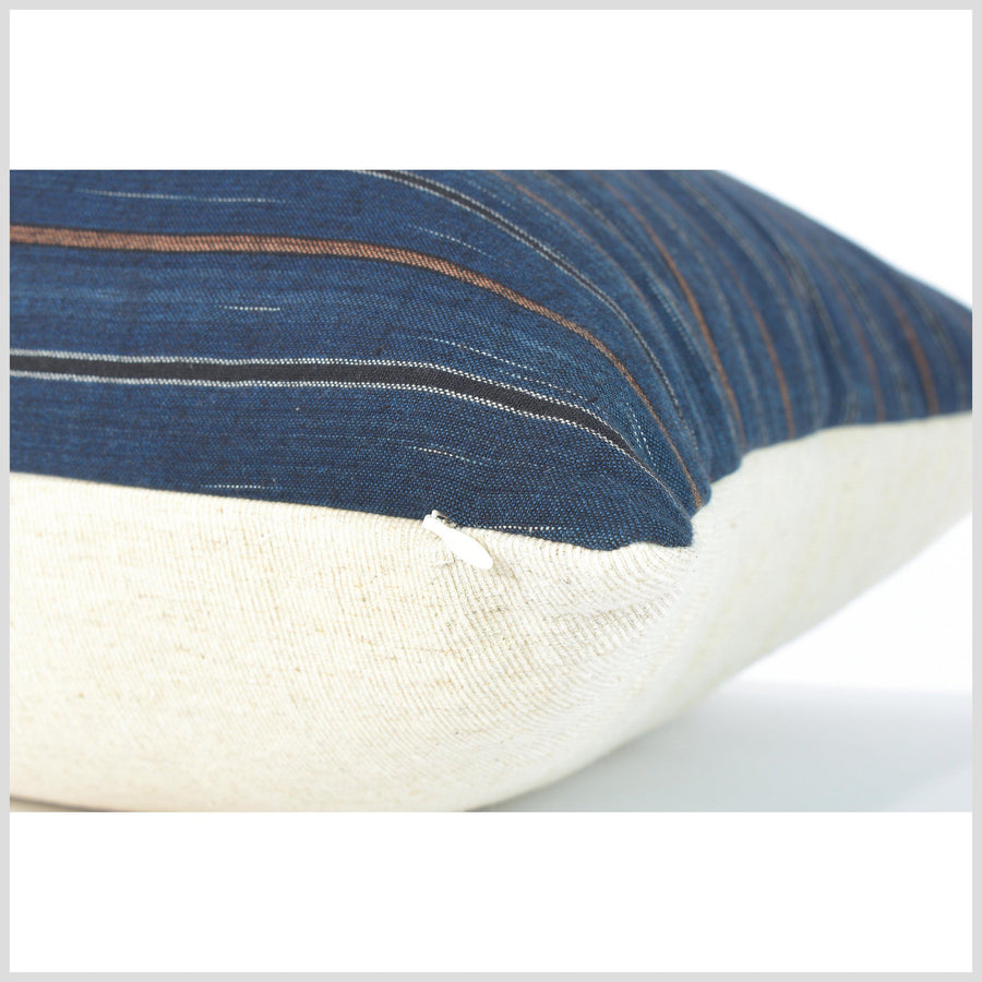 Cerulean blue striped pillow, handwoven cotton pillowcase, natural organic dye, masculine style home decor cushion QQ43