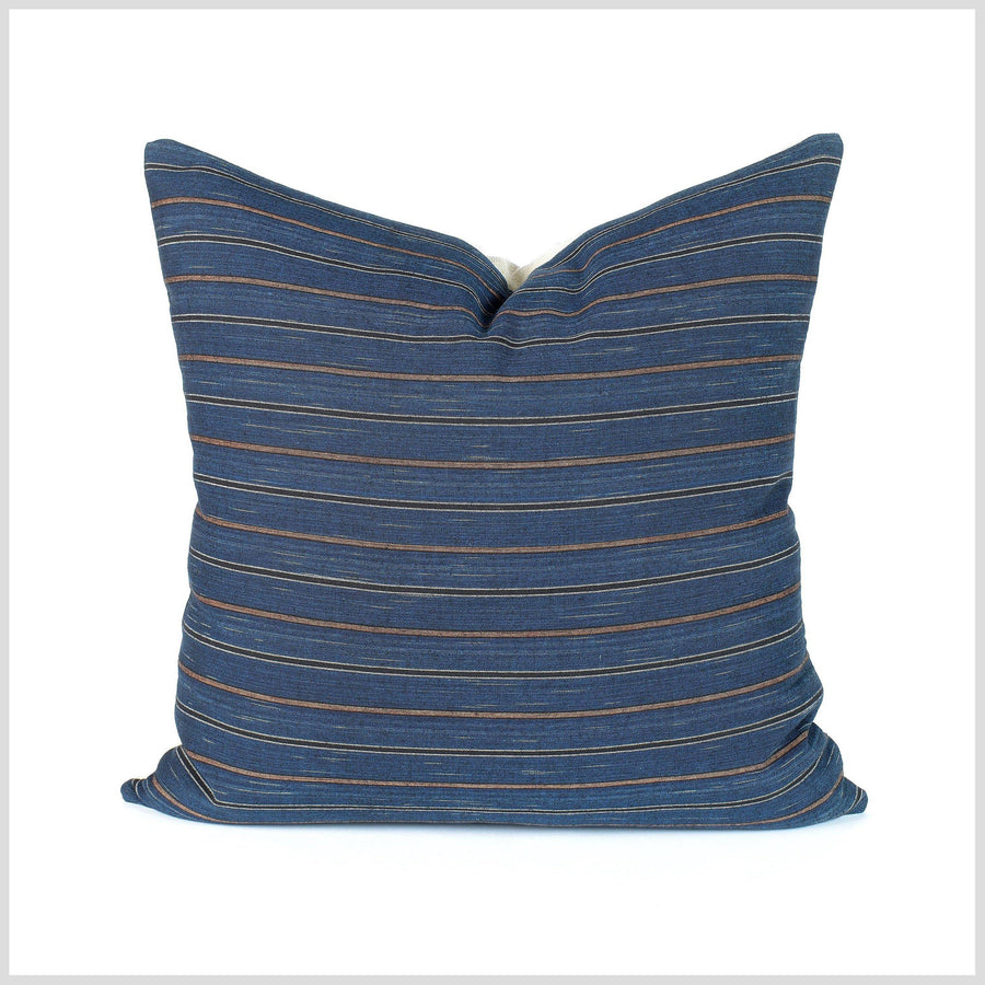 Cerulean blue striped pillow, handwoven cotton pillowcase, natural organic dye, masculine style home decor cushion QQ43