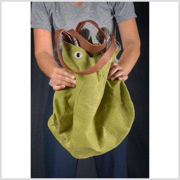 Chartreuse wax canvas tote bag cotton handbag leather handle zipper pocket stripe cotton gray lining large capacity lightweight summer tote