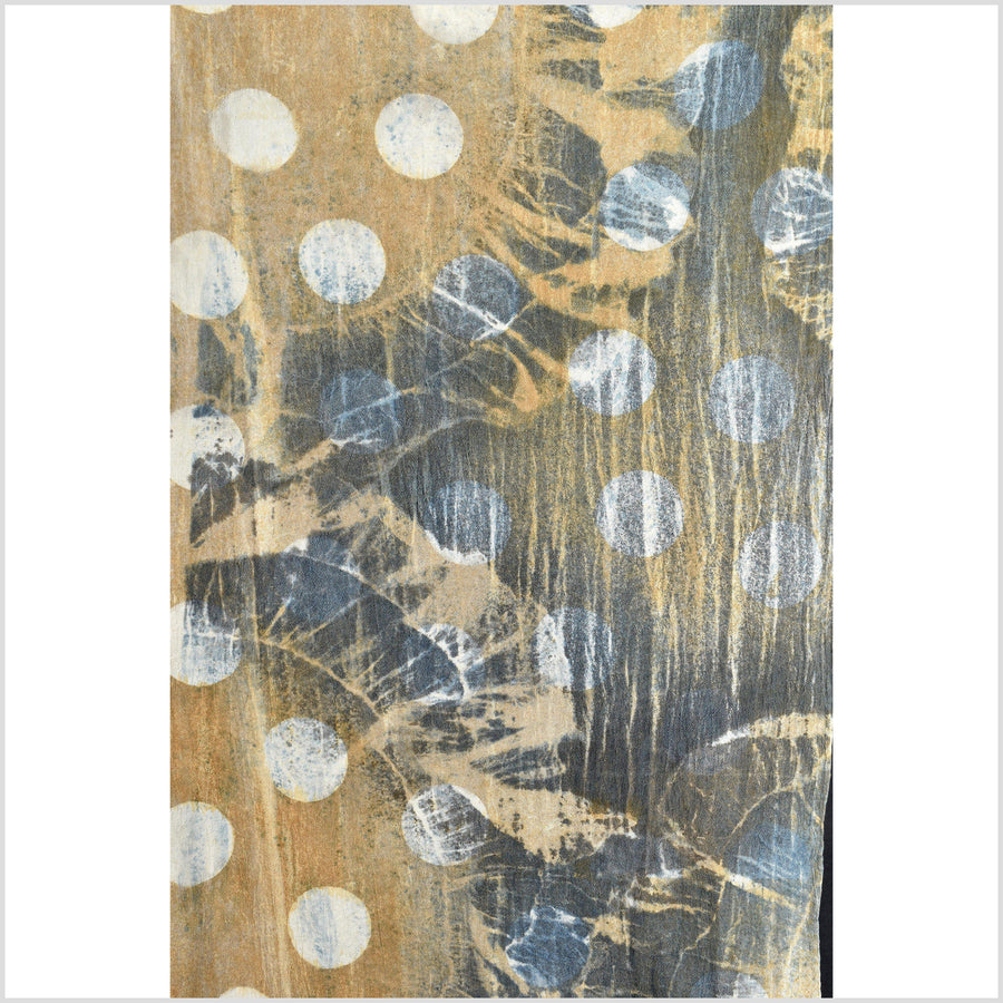 Circle amoebic pattern ethnic textile, blue, beige, yellow ochre batik fabric, 100% cotton, handmade tie dye natural color, shibori fabric PHA166