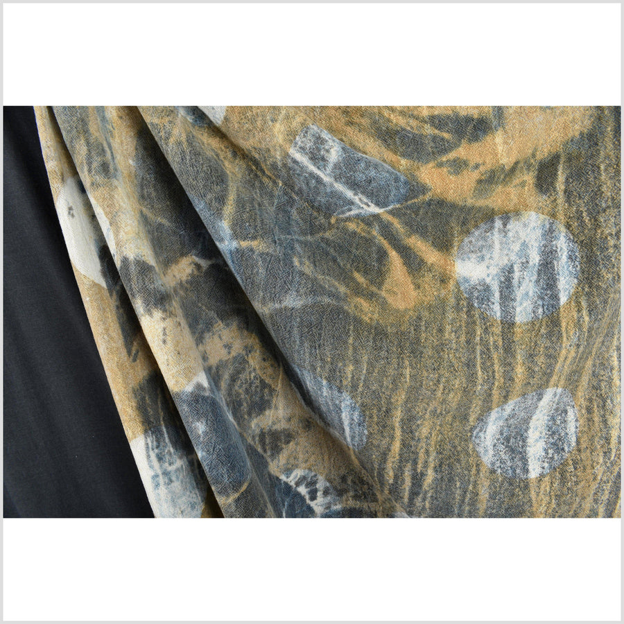 Circle amoebic pattern ethnic textile, blue, beige, yellow ochre batik fabric, 100% cotton, handmade tie dye natural color, shibori fabric PHA166