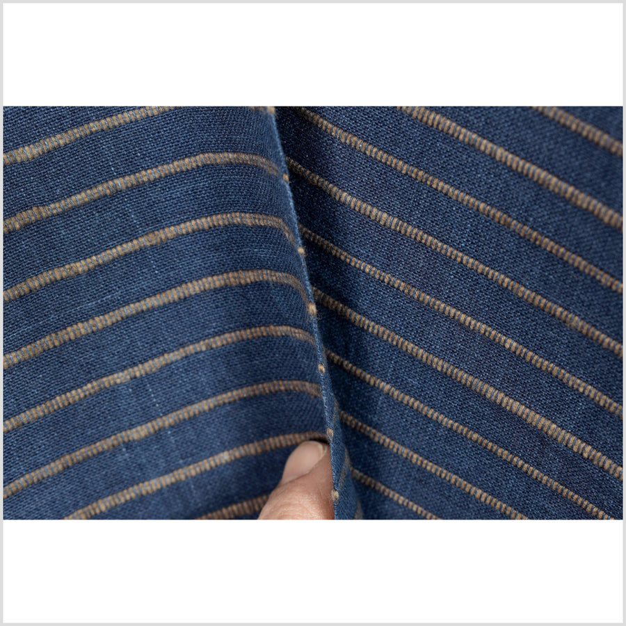 Cobalt/marine blue & mocha rust stripe big texture cotton fabric, organic vegetable dye color, handwoven raised, ribbed texture, Thailand craft supply PHA269