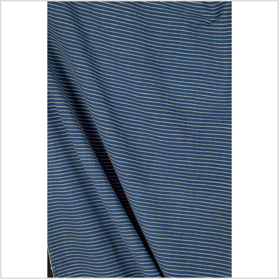 Cobalt/marine blue & tan sepia stripe big texture cotton fabric, organic vegetable dye color, handwoven raised, ribbed texture, Thailand craft supply PHA287