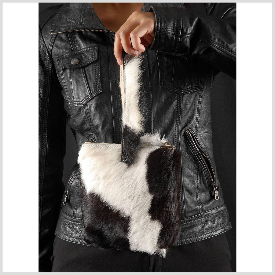 Cow fur cowhide leather wrist bag soft fur leather clutch small leather hand bag zipper top cotton lining cell phone pocket coin bag western