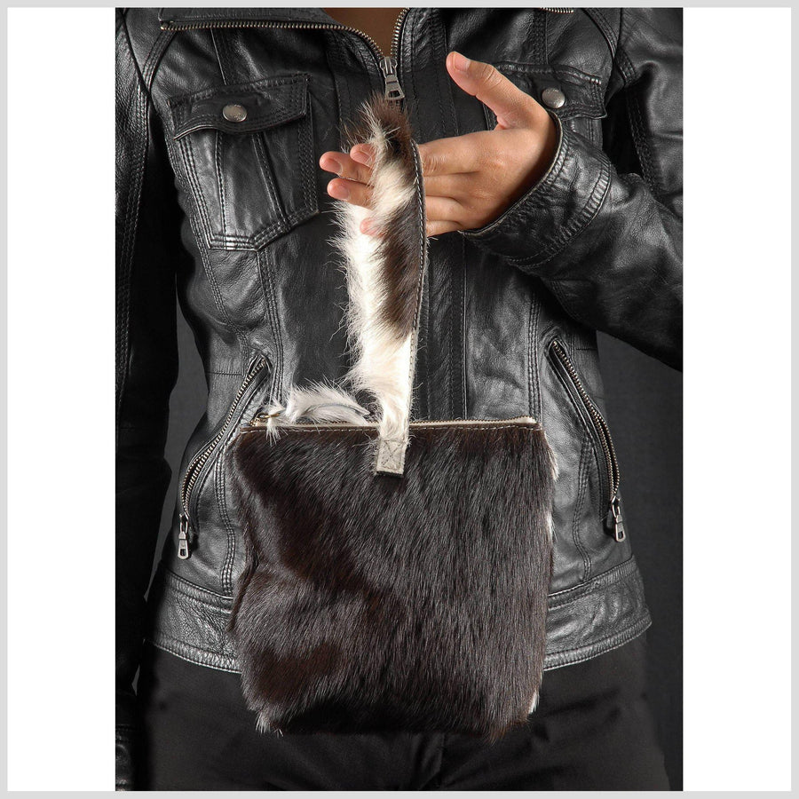 Cow fur cowhide leather wrist bag soft fur leather clutch small leather hand bag zipper top cotton lining cell phone pocket coin bag western