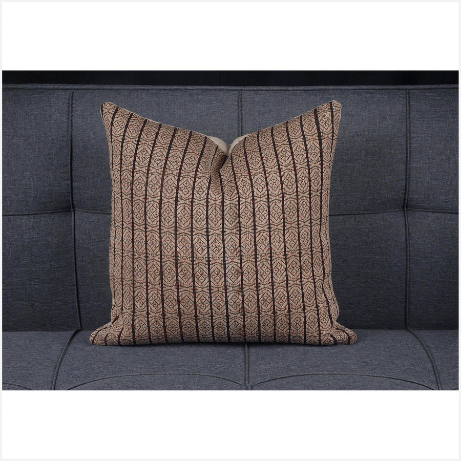 Cream, sepia, peach, and black 17 in. square vintage Chin textile cotton cushion. Geometric design neutral color pillow BN36