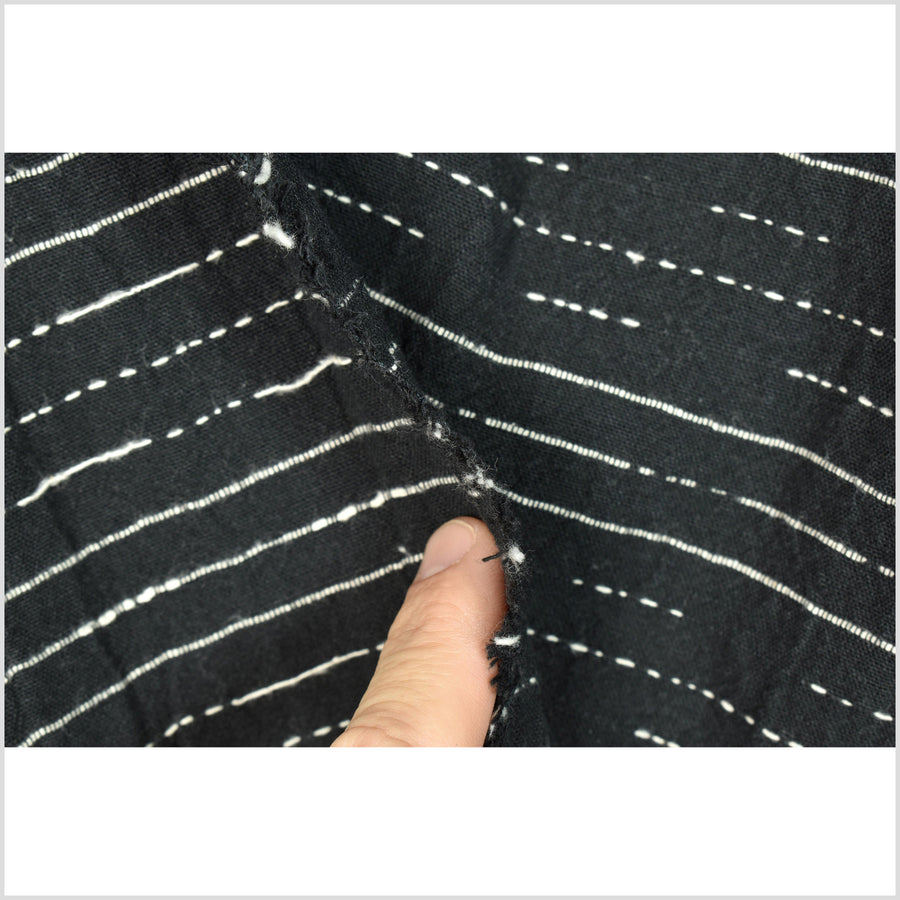 Crepe crinkled black cotton fabric, with white stripes and dashes, rustic hand feel, ripple texture, Thailand woven craft by yard PHA276