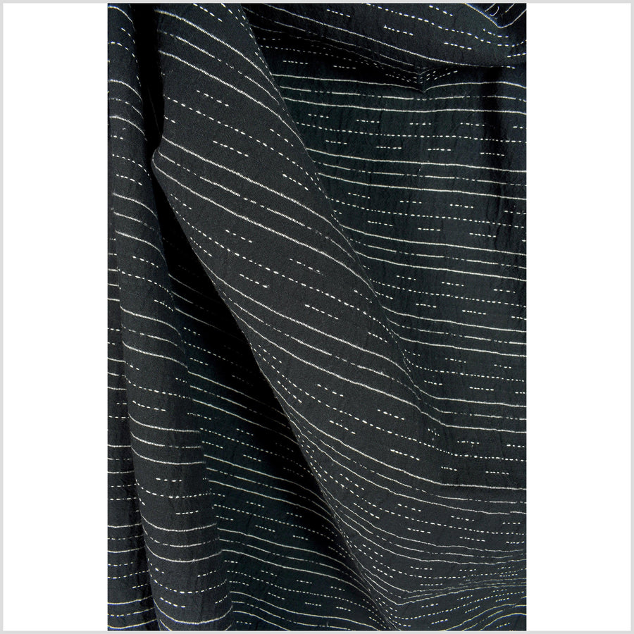 Crepe crinkled black cotton fabric, with white stripes and dashes, rustic hand feel, ripple texture, Thailand woven craft by yard PHA276
