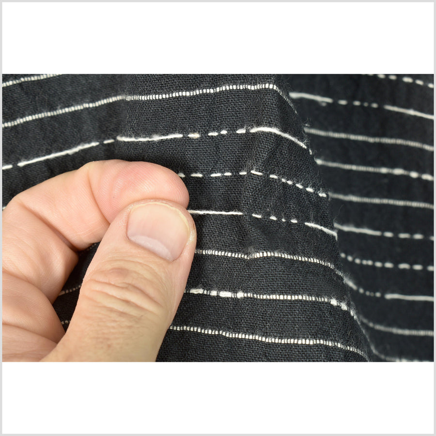 Crepe crinkled black cotton fabric, with white stripes and dashes, rus –  Water Air Industry