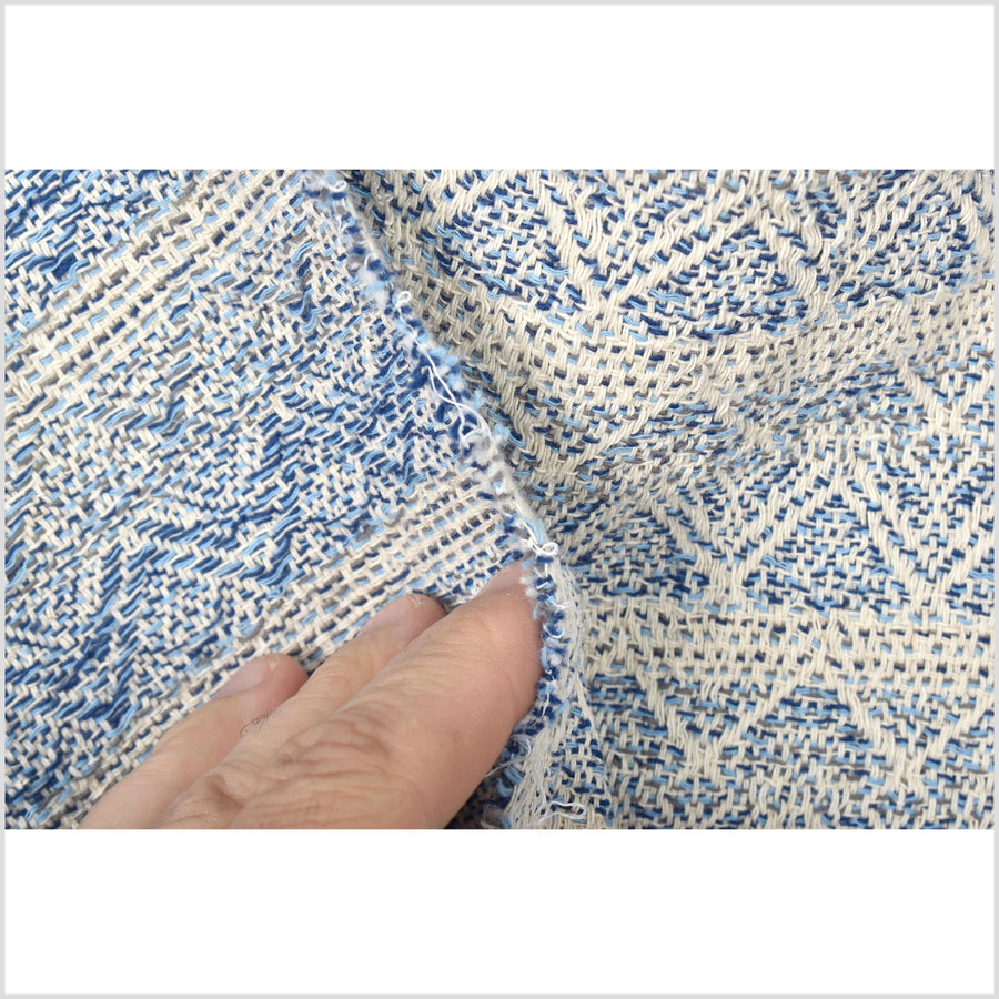 Dark blue, light blue, off-white, thick and loose weave, medium weight cotton fabric with geometric pattern reversible PHA118