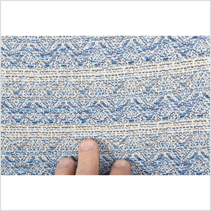 Dark blue, light blue, off-white, thick and loose weave, medium weight cotton fabric with geometric pattern reversible PHA118