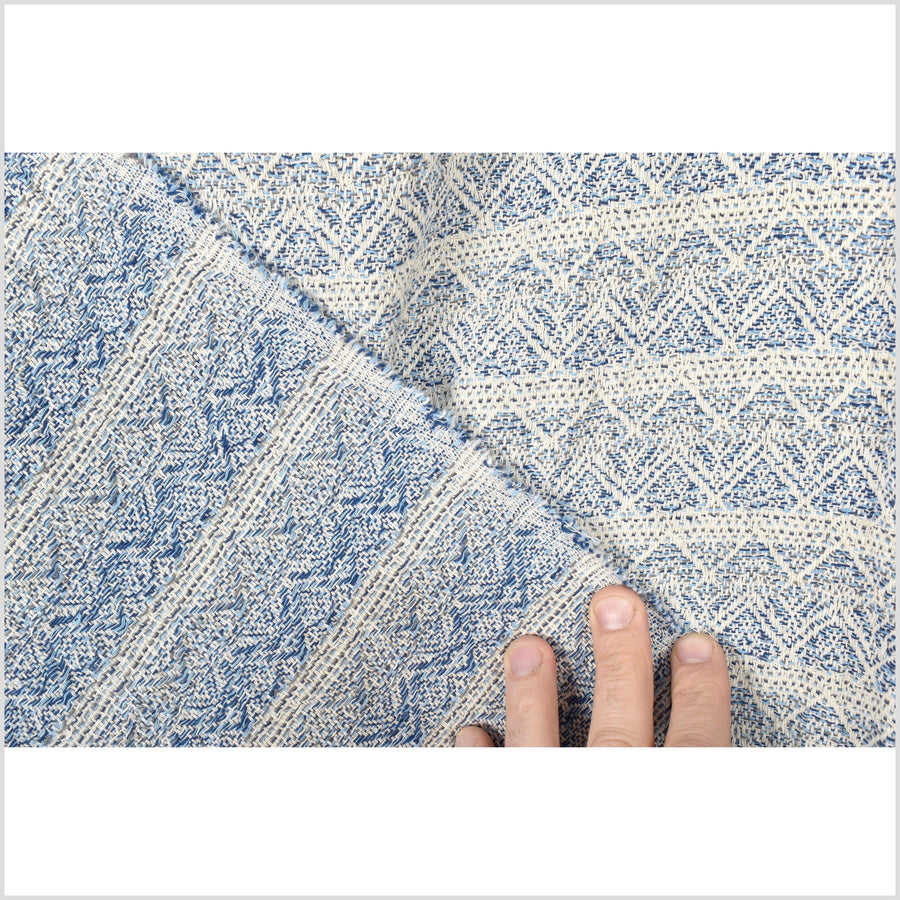 Dark blue, light blue, off-white, thick and loose weave, medium weight cotton fabric with geometric pattern reversible PHA118