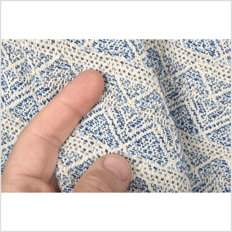 Dark blue, light blue, off-white, thick and loose weave, medium weight cotton fabric with geometric pattern reversible PHA118