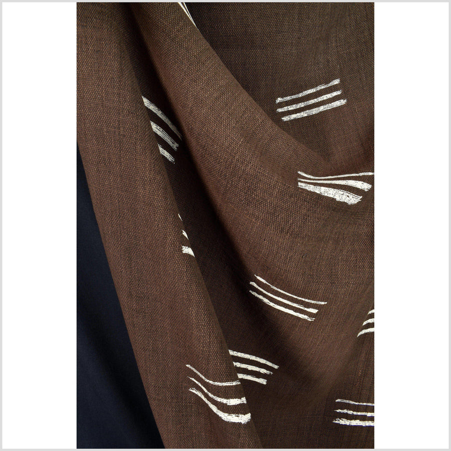 Dark coppery brown with cream screen print, handwoven fat weave, 100% cotton neutral earth tone fabric, mudcloth style, per yard PHA184