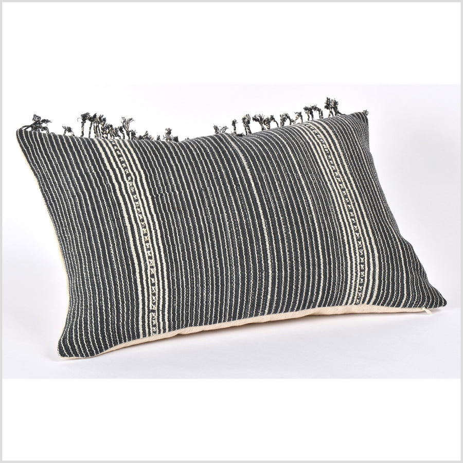 Dark gray off-white stripe lumbar pillow, neutral organic dye cushion, tribal ethnic boho pillowcase Hmong hilltribe handwoven cotton PP23
