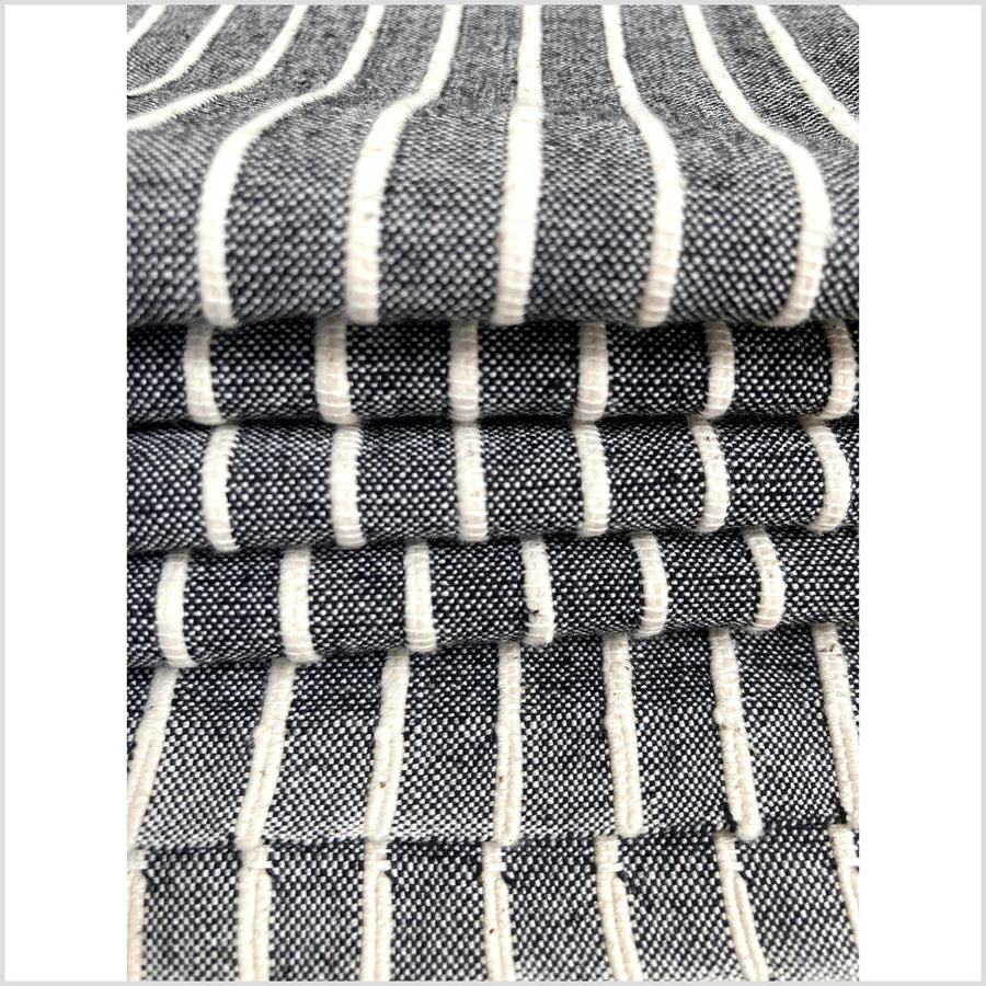 Dark gray two-tone, big texture cotton fabric, cream stripes, organic vegetable dye color, handwoven raised, ribbed texture, Thailand craft supply PHA266