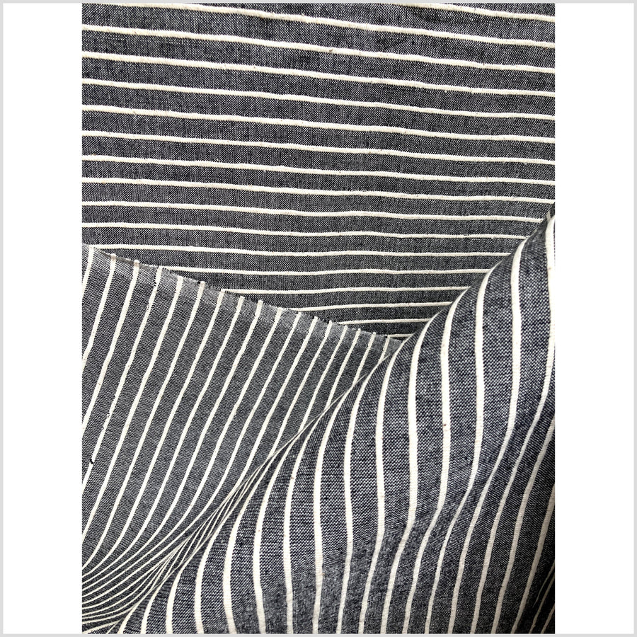 Dark gray two-tone, big texture cotton fabric, cream stripes, organic vegetable dye color, handwoven raised, ribbed texture, Thailand craft supply PHA266