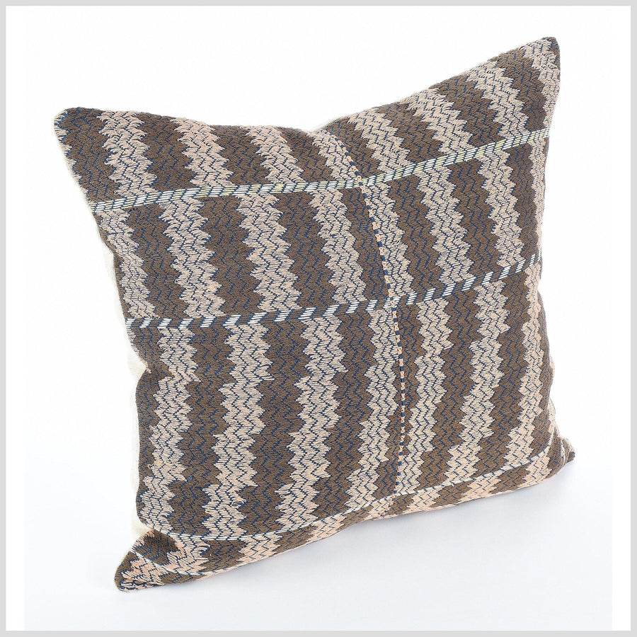 Dark mocha brown and blush handwoven pillow, tribal 22 in. square cushion, ethnic hill tribe cotton pillowcase, natural organic dye color, hand sewing QQ35