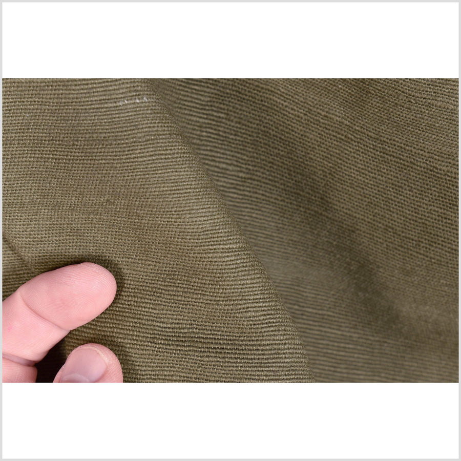 Dark olive green handwoven cotton fabric, lovely corduroy type texture, soft with rustic appeal, pure luxury, sold by the yard PHA264