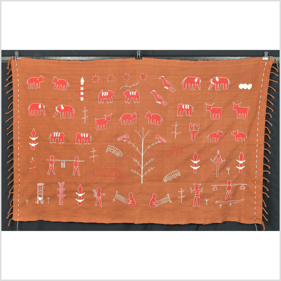 Dark orange ocher, cotton story quilt Naga tribal textile ethnic embroidered boho fabric Burma hill tribe tapestry Thailand India Hmong OB43