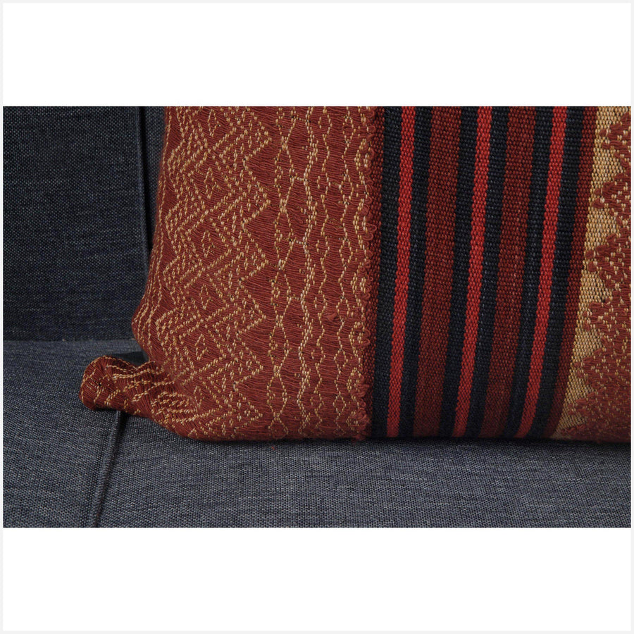 Dark red, beige, black 18 in. square vintage Naga textile cotton cushion. Geometric design pillow BN34
