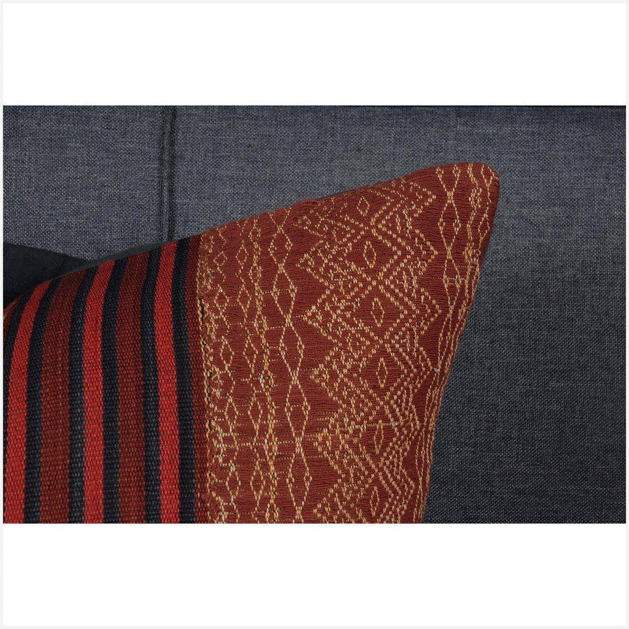 Dark red, beige, black 18 in. square vintage Naga textile cotton cushion. Geometric design pillow BN34