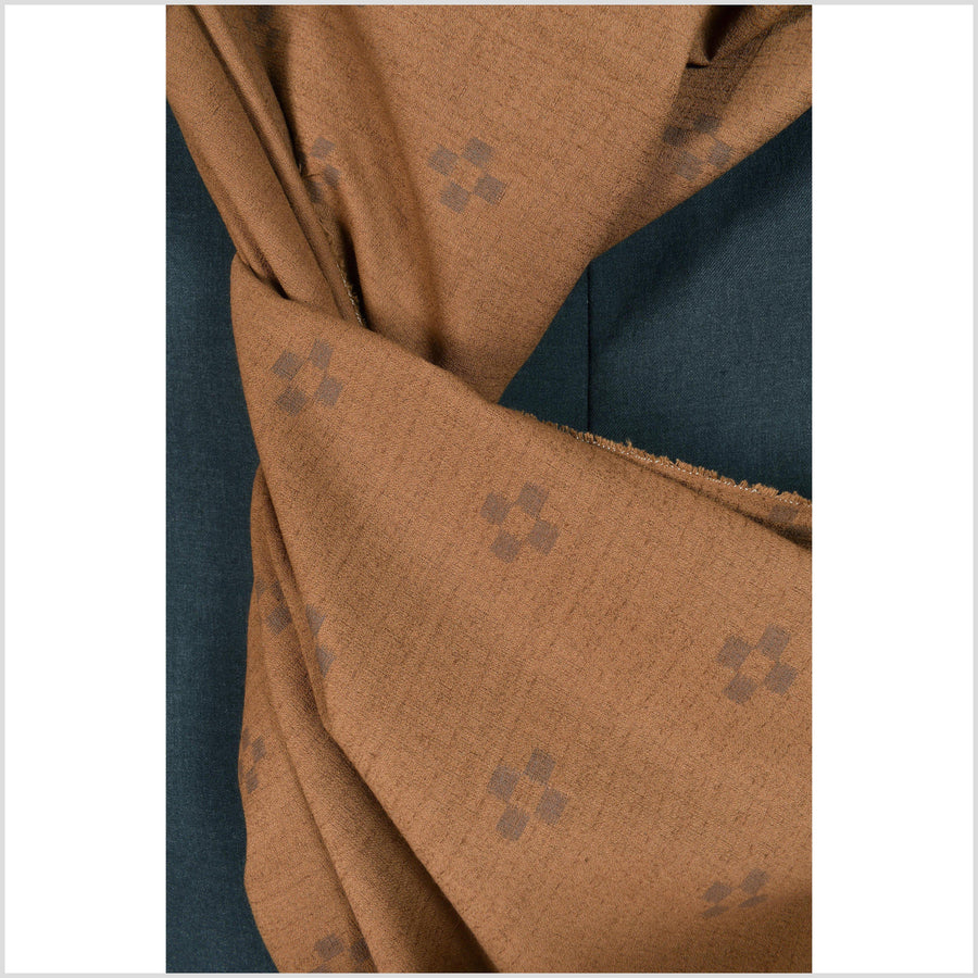 Dark tobacco, warm rust color cotton cloth, textured woven fabric, brown check cross pattern, washed, soft and airy, Thailand craft material sold by the yard PHA235