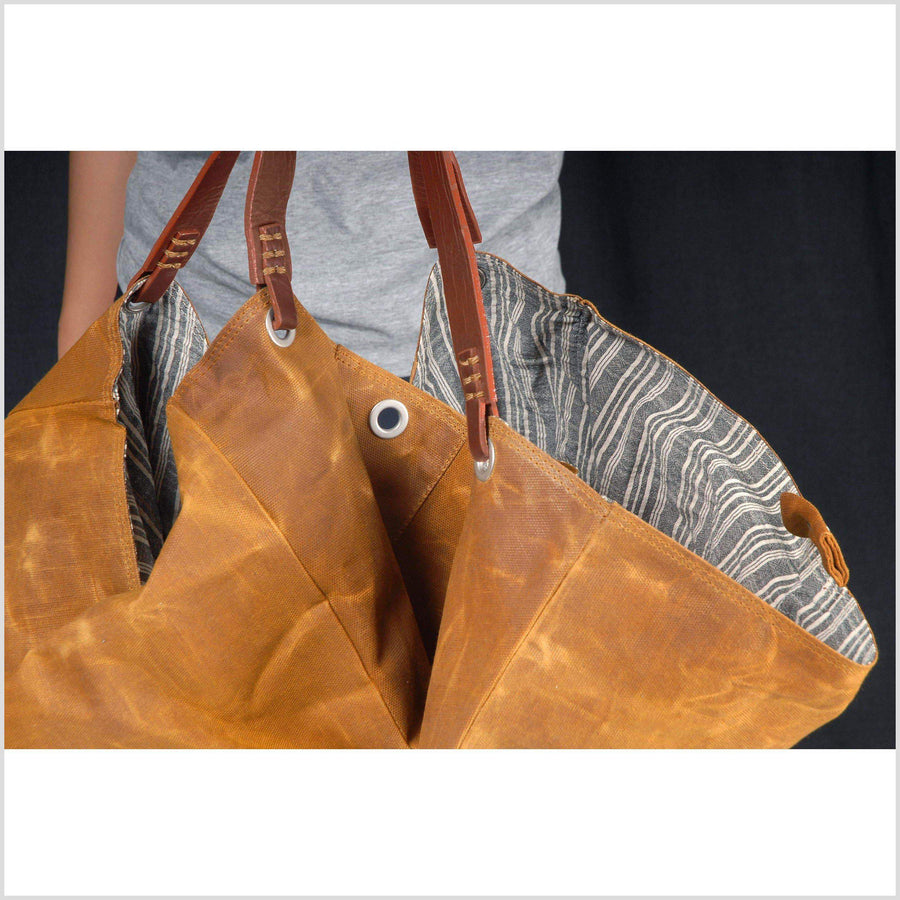Dark yellow wax canvas tote bag cotton handbag leather handles zipper pockets striped cotton gray white lining large size elegant design