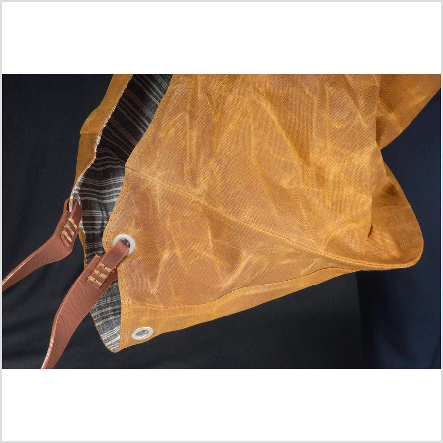 Dark yellow wax canvas tote bag cotton handbag leather handles zipper pockets striped cotton gray white lining large size elegant design