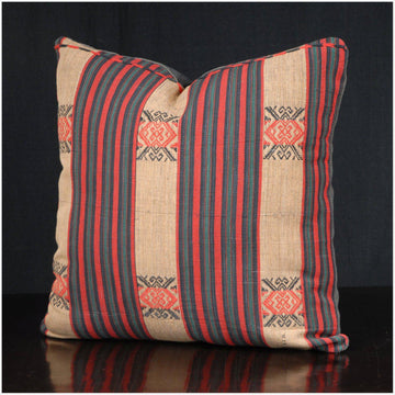 Decorative throw pillow home decor 18 x 18 inch Naga tribal fabric, ethnic handwoven cotton brown red black green India fabric. BEF4