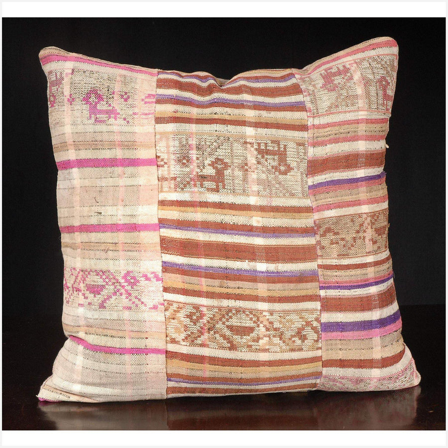 Decorative tribal throw pillow Laos ethnic textile, vintage hand woven cotton SILK boho fabric square 22 inch cushion ethnic home decor NV16