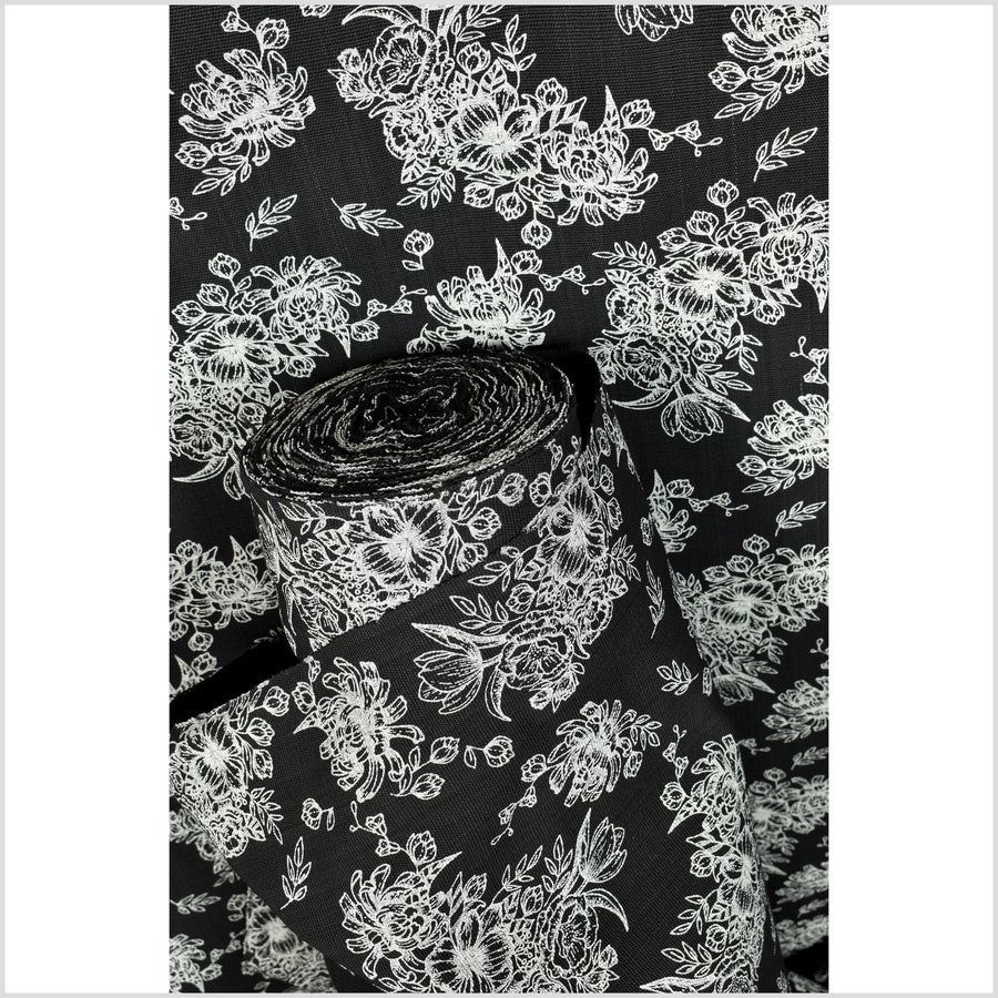 Deep black cotton fabric with raised texture, medium-weight, contrast cream floral print, Thailand woven craft per yard PHA282