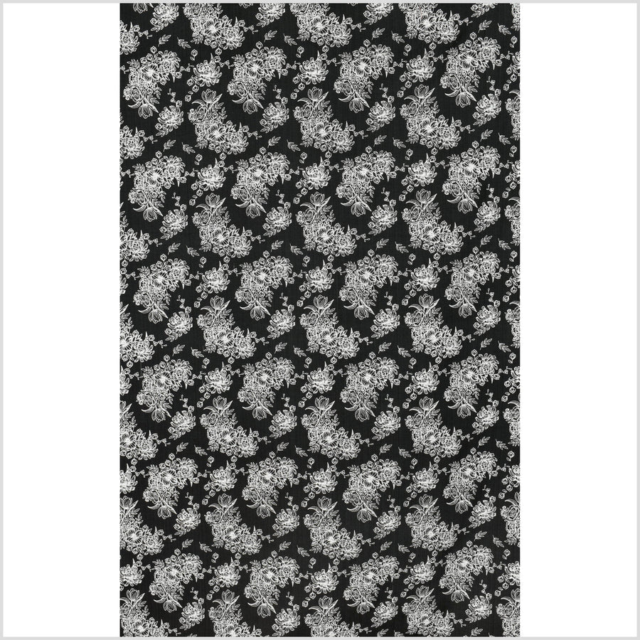 Deep black cotton fabric with raised texture, medium-weight, contrast cream floral print, Thailand woven craft per yard PHA282