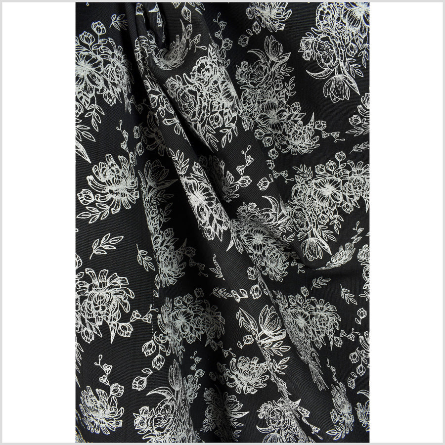 Deep black cotton fabric with raised texture, medium-weight, contrast cream floral print, Thailand woven craft per yard PHA282