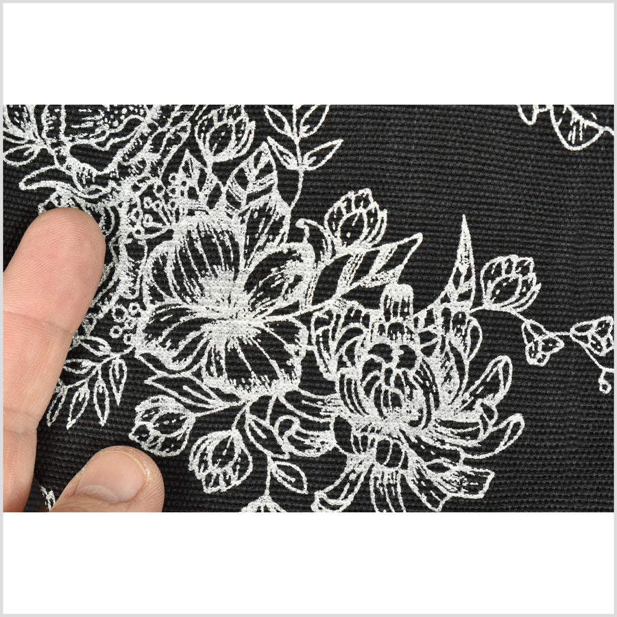 Deep black cotton fabric with raised texture, medium-weight, contrast cream floral print, Thailand woven craft per yard PHA282