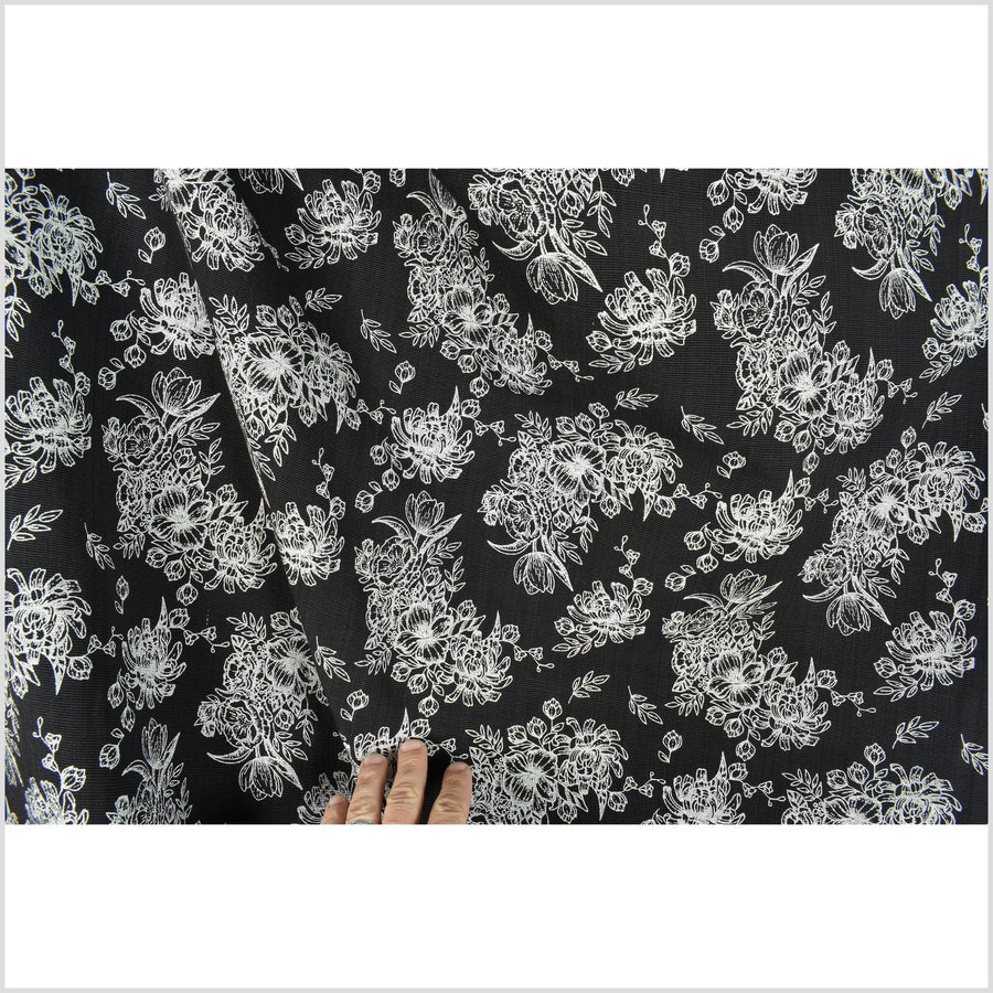 Deep black cotton fabric with raised texture, medium-weight, contrast cream floral print, Thailand woven craft per yard PHA282