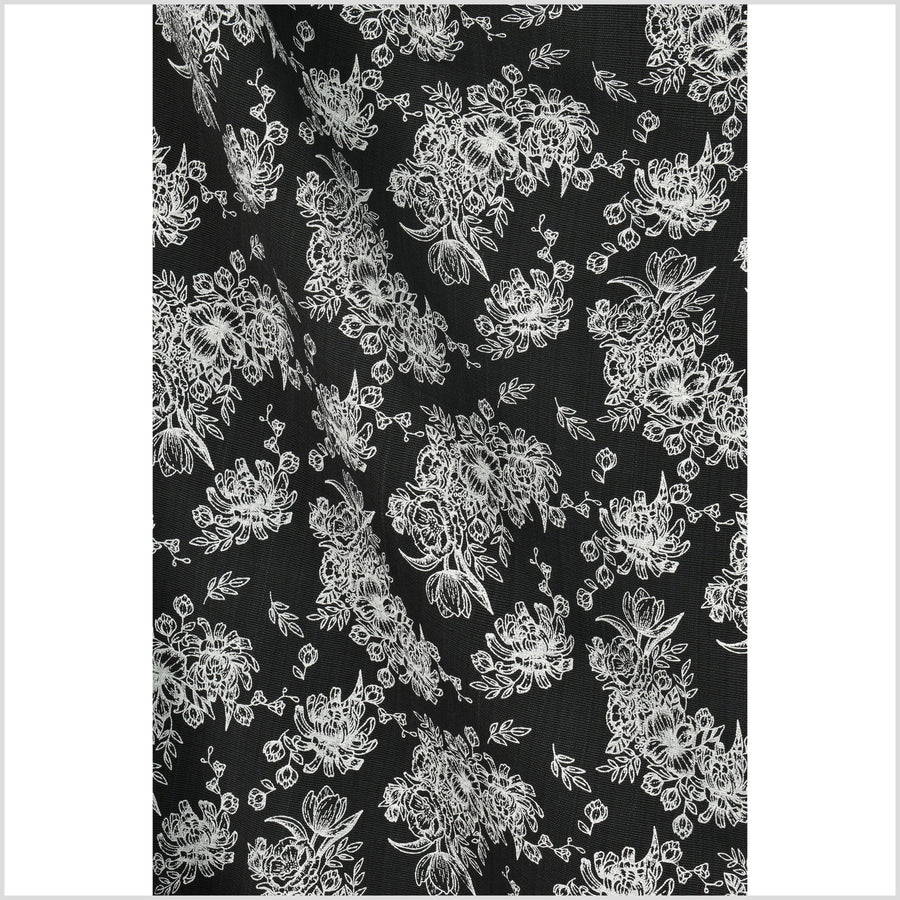 Deep black cotton fabric with raised texture, medium-weight, contrast cream floral print, Thailand woven craft per yard PHA282