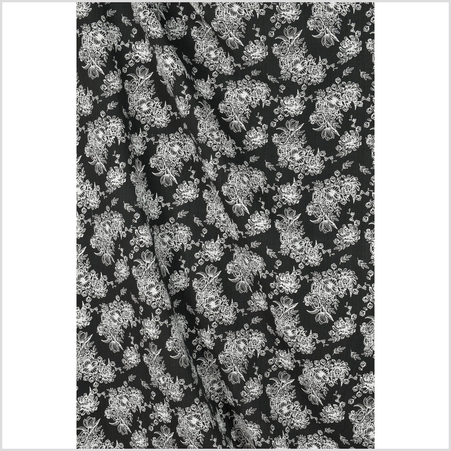 Deep black cotton fabric with raised texture, medium-weight, contrast cream floral print, Thailand woven craft per yard PHA282