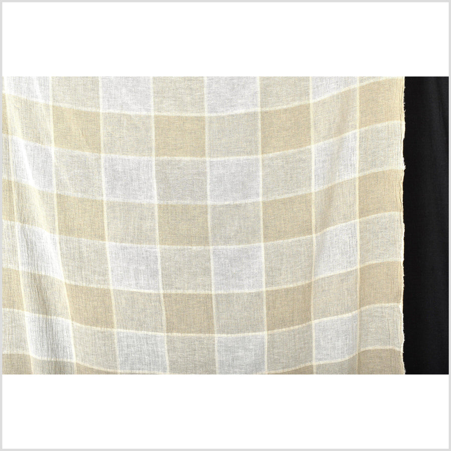 Delicate neutral beige tan white checkerboard linen cotton fabric, lightweight crepe, by the yard PHA132