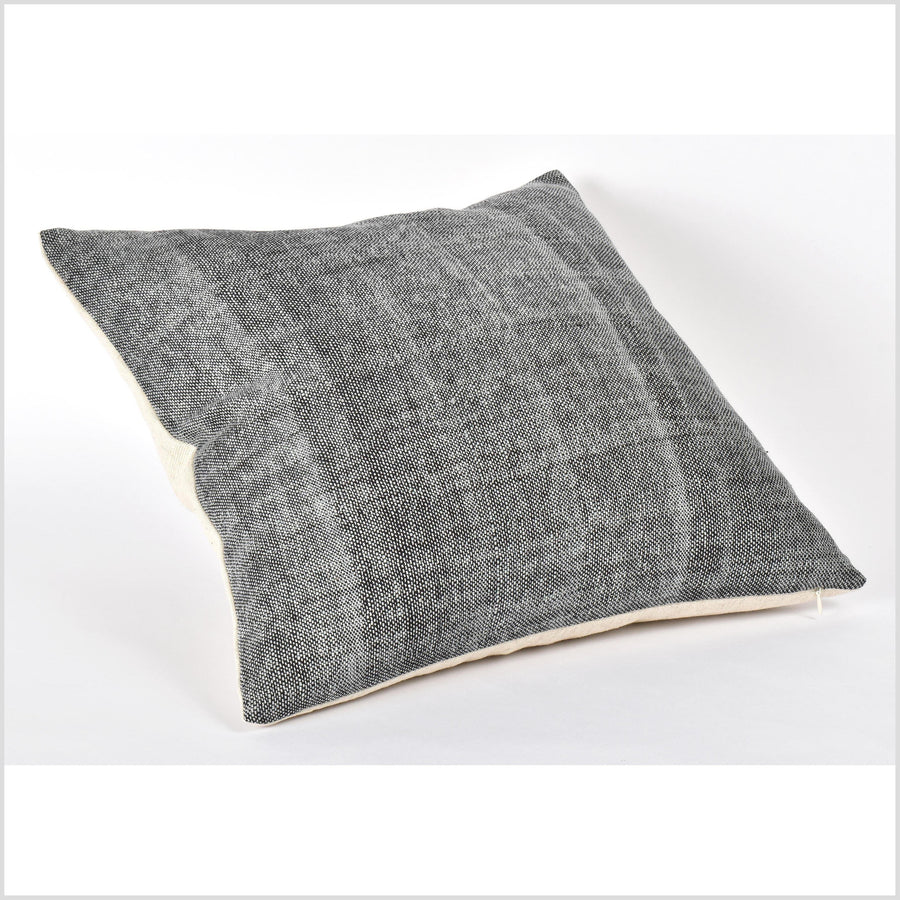 Ethnic 2 color cushion, pebbled black gray tribal 19 in. square pillow, handwoven cotton, Hmong neutral, natural organic dye PP12