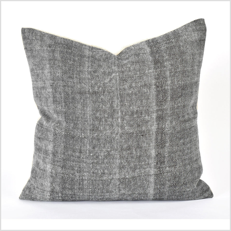 Ethnic 2 color cushion, pebbled black gray tribal 19 in. square pillow, handwoven cotton, Hmong neutral, natural organic dye PP12