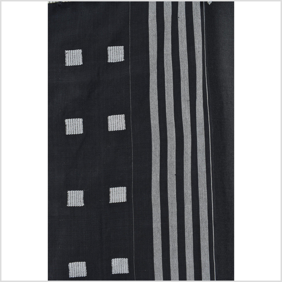 Ethnic Naga blanket, handwoven tribal cotton throw, gray squares on black background, boho tapestry India textile runner AW26
