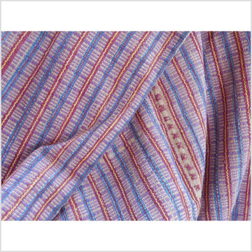 Ethnic cotton boho fabric shirt tribal Karen handwoven stripe textile purple blue pink natural cotton tassel handmade Asian minority 31 DS53
