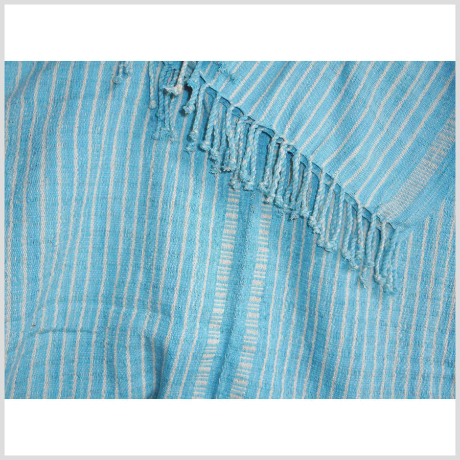Ethnic cotton shirt tribal tunic Karen handwoven stripe textile white blue natural boho fabric cotton tassel handmade minority cloth CR80