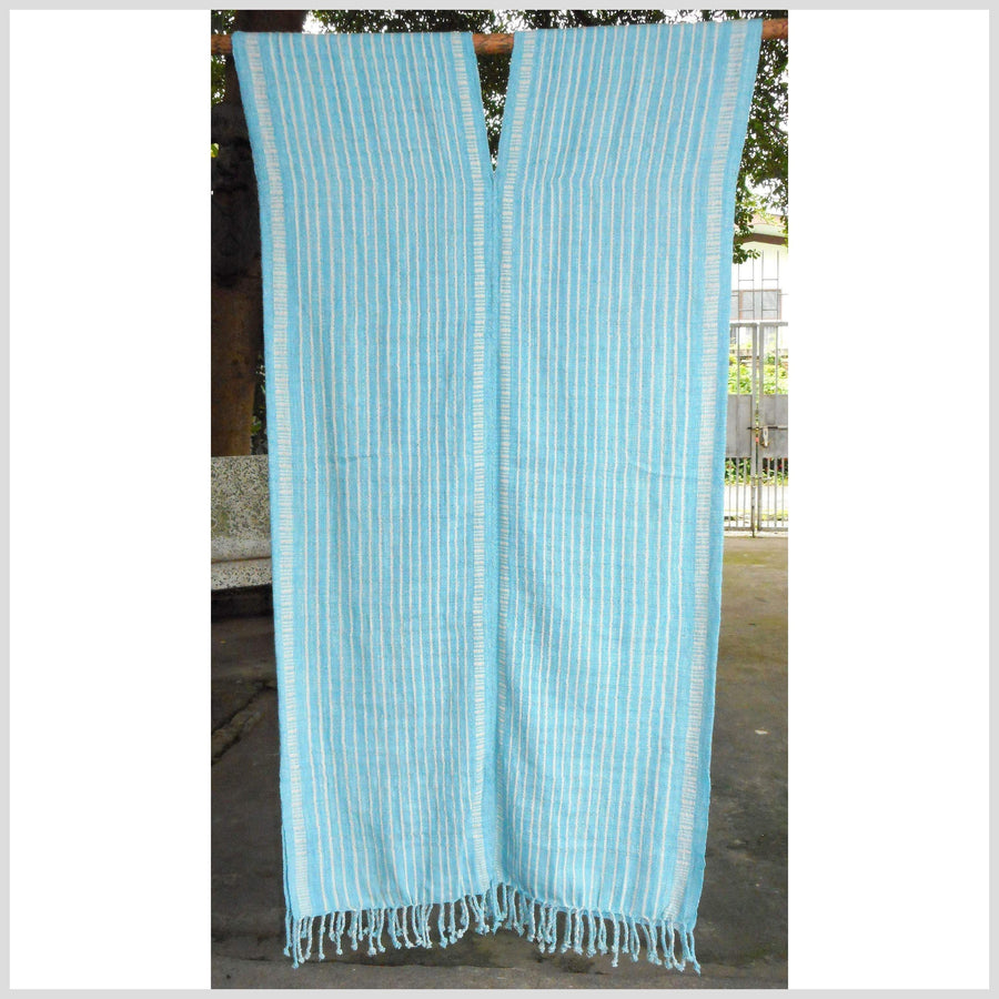 Ethnic cotton shirt tribal tunic Karen handwoven stripe textile white blue natural boho fabric cotton tassel handmade minority cloth CR80